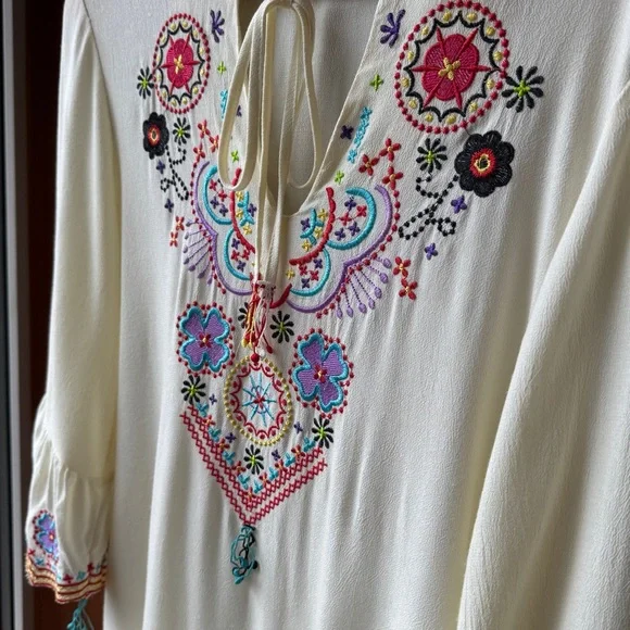 Boho Embroidered Peasant Dress Cream Fringe Festival Tunic Midi S - Picture 13 of 14